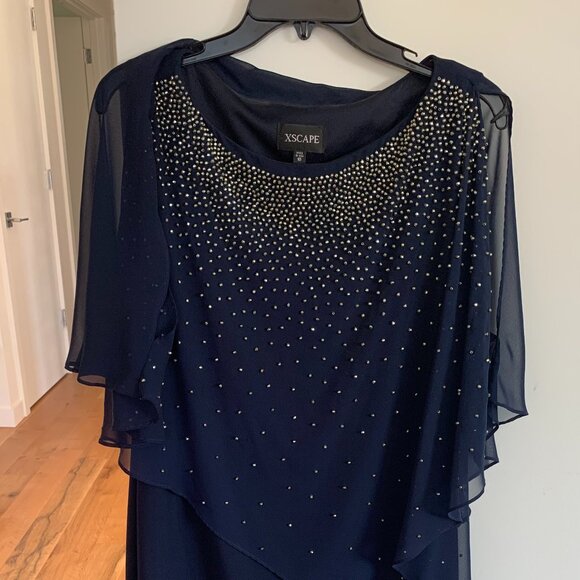 Xcape size Large Navy Knee Length Shift Dress with Beaded Drape. - Picture 1 of 8